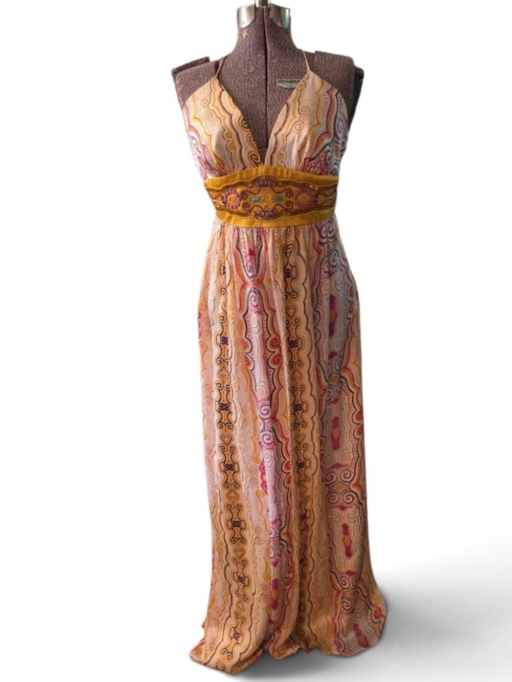 Size 6 Laundry by Shelli Segal Silk Boho Tie Halter Neck Maxi Dress Excellent